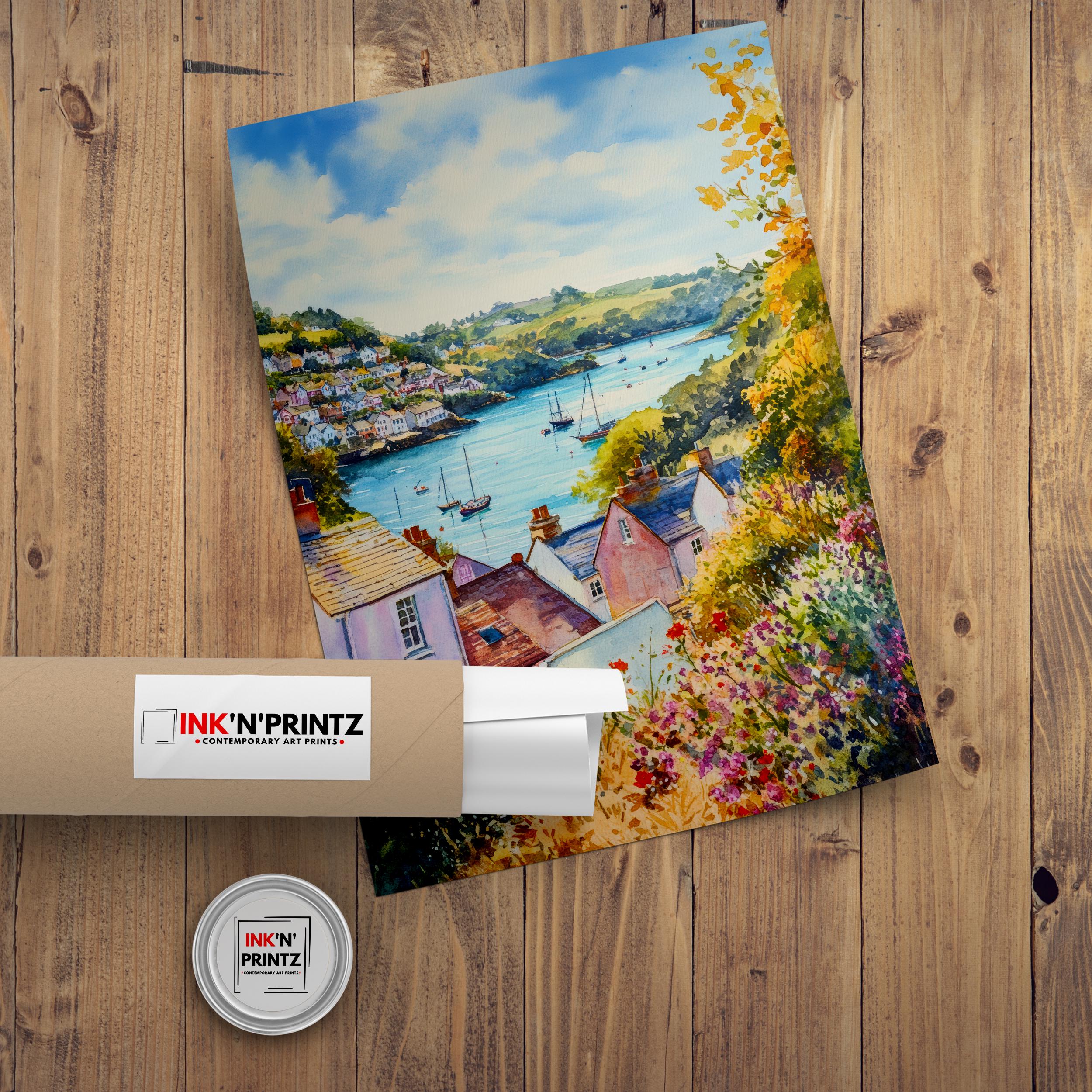 Fowey Cornwall Watercolour Painting Poster England Wall Art Coastal Harbour Print Gift for UK Travel Lovers and Fans of Scenic Cornish