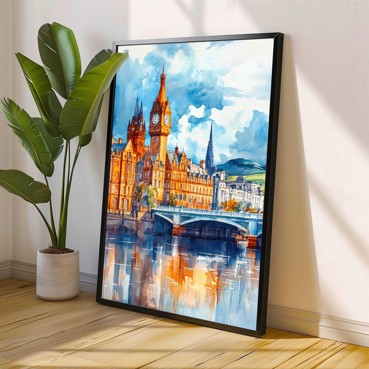 Glasgow Watercolour Painting Poster Scotland Wall Art City Skyline Print Gift for UK Travel Lovers and Fans of Historic Scottish