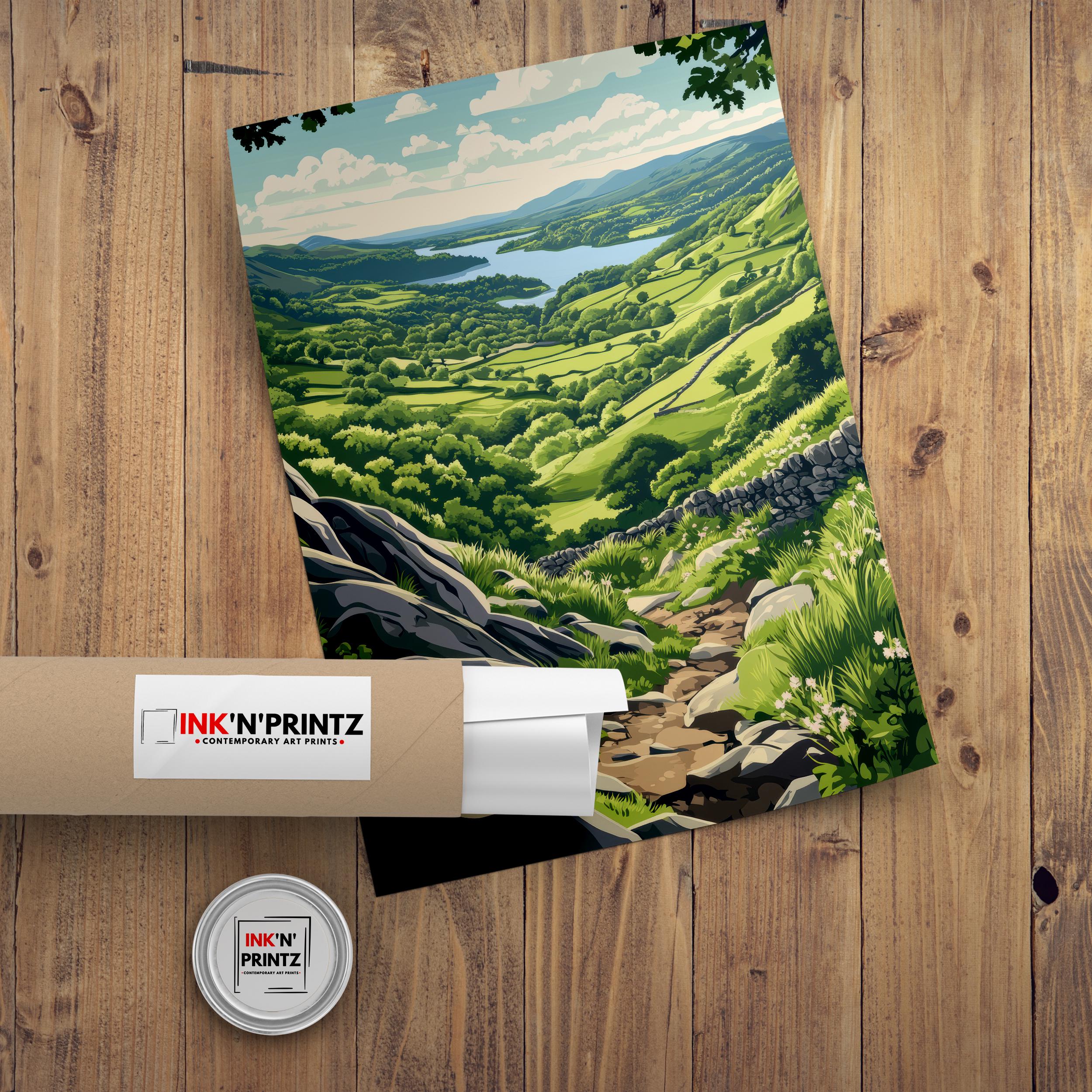 Gowbarrow Fell Watercolour Painting Poster Lake District England Wall Art Countryside Landscape Print Gift for UK Travel Lovers and Fans