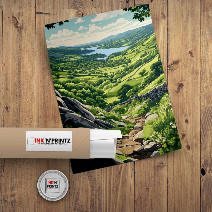 Gowbarrow Fell Watercolour Painting Poster Lake District England Wall Art Countryside Landscape Print Gift for UK Travel Lovers and Fans