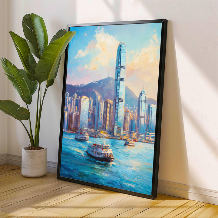 Hong Kong Oil Painting Poster China Wall Art City Skyline Print Victoria Harbour Decor Gift for Asia Travel Lovers and Fans of Scenic Urban