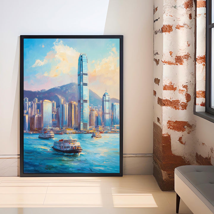 Hong Kong Oil Painting Poster China Wall Art City Skyline Print Victoria Harbour Decor Gift for Asia Travel Lovers and Fans of Scenic Urban