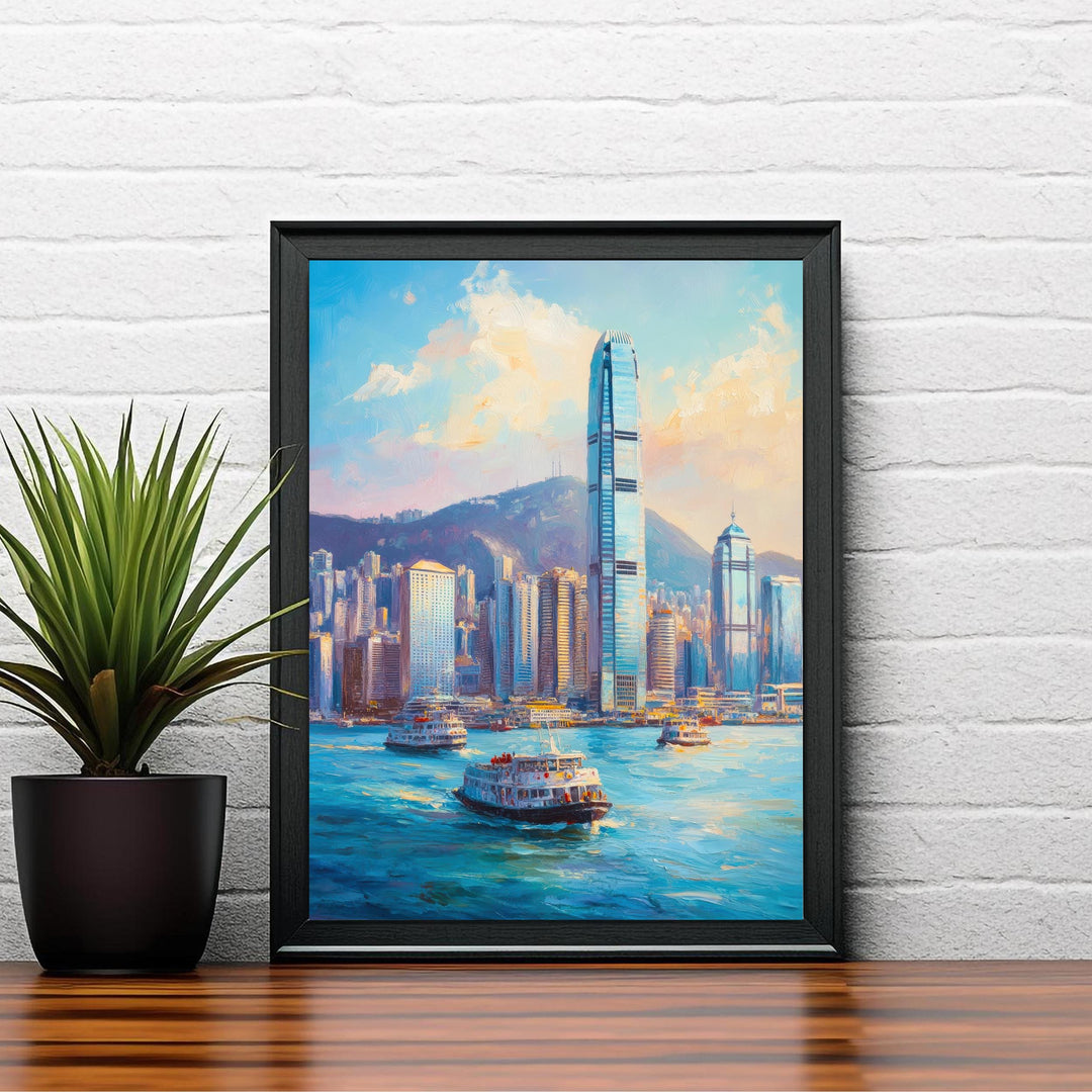 Hong Kong Oil Painting Poster China Wall Art City Skyline Print Victoria Harbour Decor Gift for Asia Travel Lovers and Fans of Scenic Urban