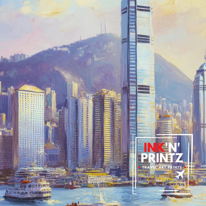 Hong Kong Oil Painting Poster China Wall Art City Skyline Print Victoria Harbour Decor Gift for Asia Travel Lovers and Fans of Scenic Urban