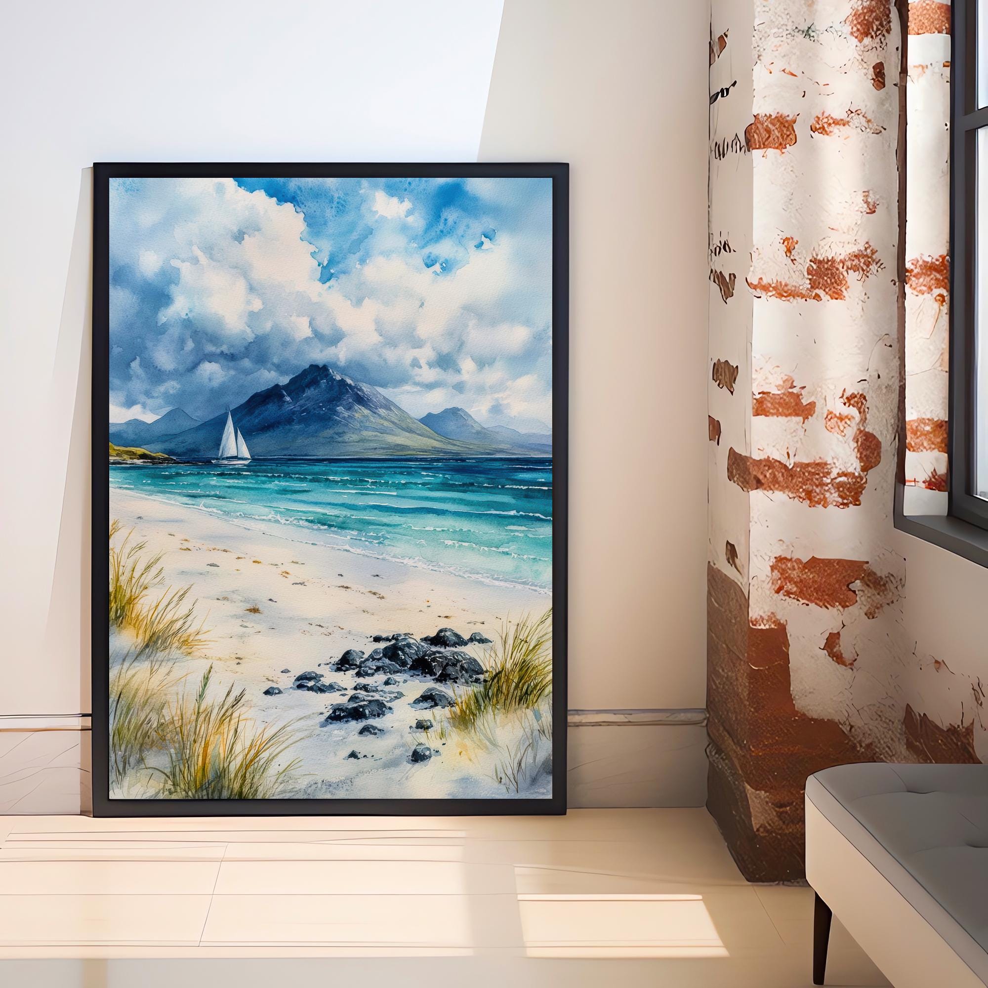 Isle of Arran Watercolour Painting Poster Scotland Wall Art Coastal Landscape Print Gift for UK Travel Lovers and Fans of Scenic Scottish