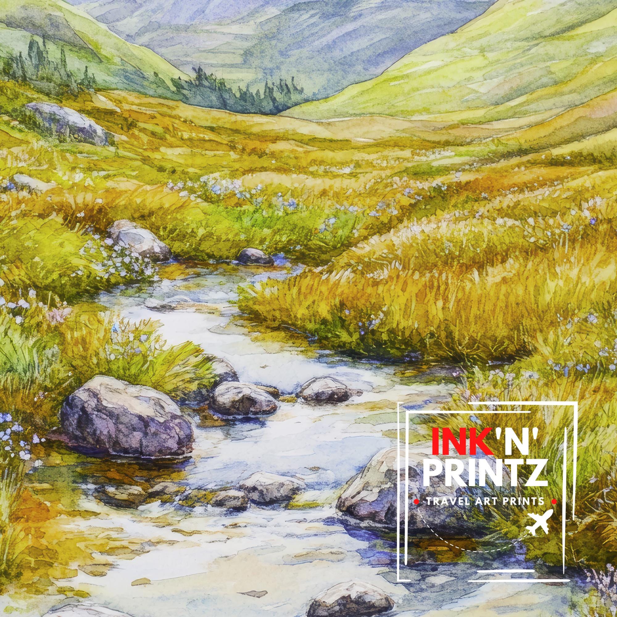 Lake District Watercolour Painting Poster England Wall Art Countryside Landscape Print Gift for UK Travel Lovers and Fans of Scenic Cumbrian