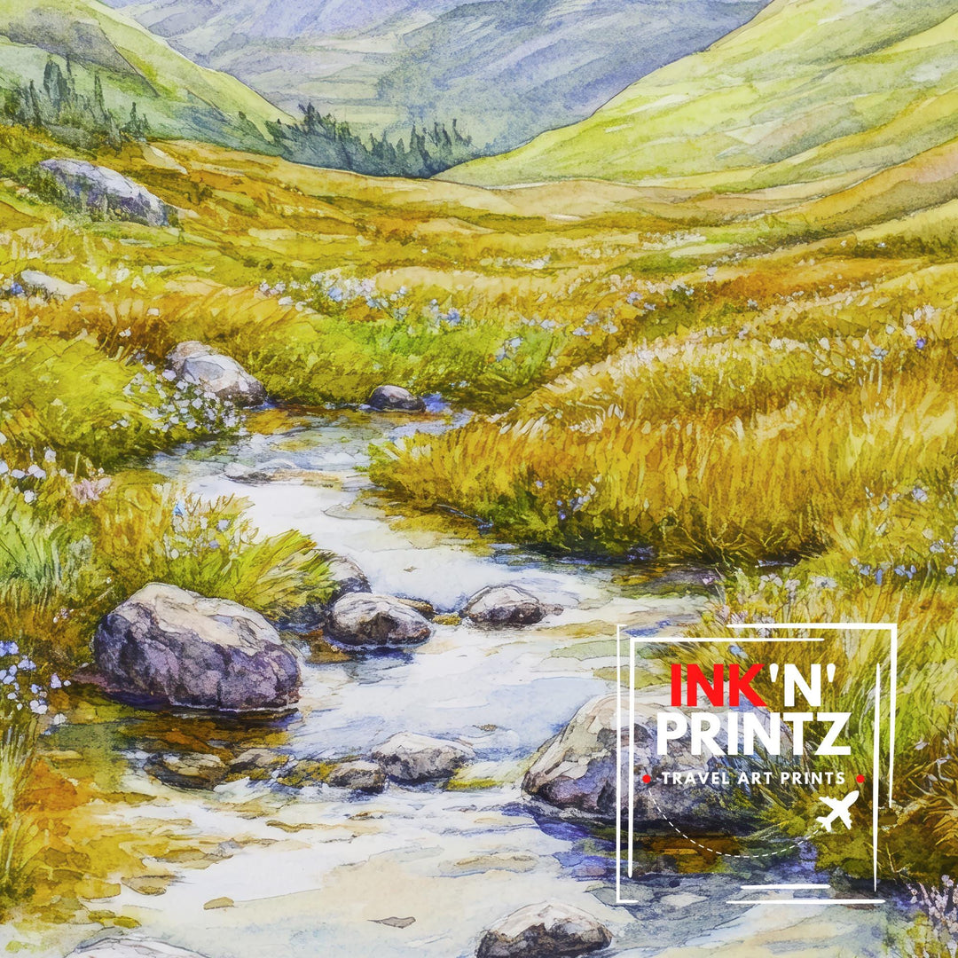 Lake District Watercolour Painting Poster England Wall Art Countryside Landscape Print Gift for UK Travel Lovers and Fans of Scenic Cumbrian