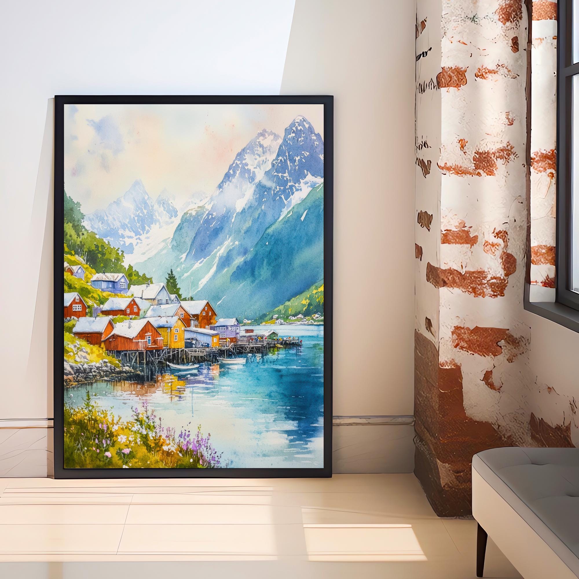 Olden Norway Travel Poster Print Nordfjord Wall Art Scandinavian Coastal Village Decor Gift for Europe Lovers and Nordic Landscape