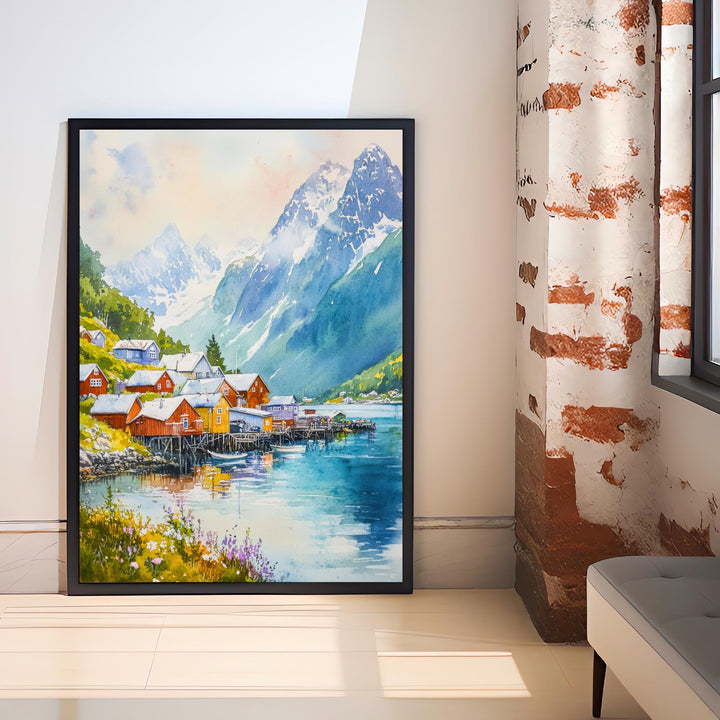 Olden Norway Travel Poster Print Nordfjord Wall Art Scandinavian Coastal Village Decor Gift for Europe Lovers and Nordic Landscape