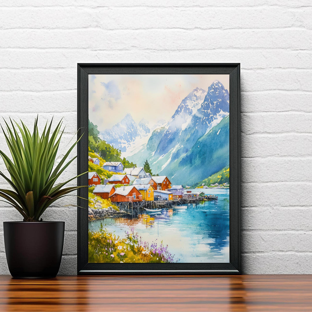 Olden Norway Travel Poster Print Nordfjord Wall Art Scandinavian Coastal Village Decor Gift for Europe Lovers and Nordic Landscape