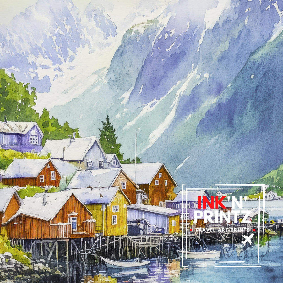 Olden Norway Travel Poster Print Nordfjord Wall Art Scandinavian Coastal Village Decor Gift for Europe Lovers and Nordic Landscape