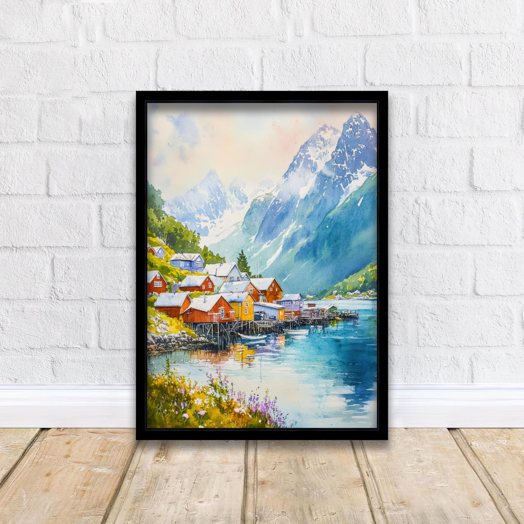 Olden Norway Travel Poster Print Nordfjord Wall Art Scandinavian Coastal Village Decor Gift for Europe Lovers and Nordic Landscape