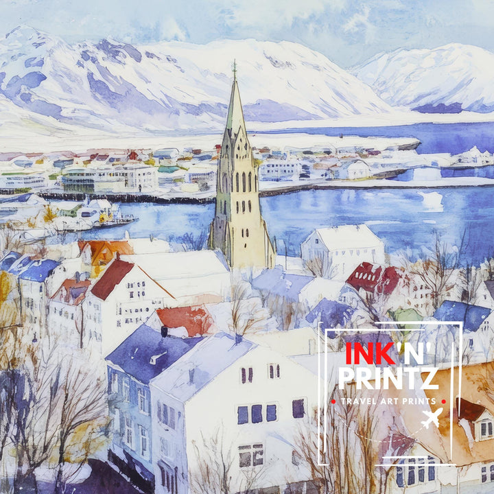 Reykjavik Iceland Travel Poster Print Nordic City Wall Art Scandinavian Architecture Decor Gift for Europe Lovers and Iceland Landscape Fans