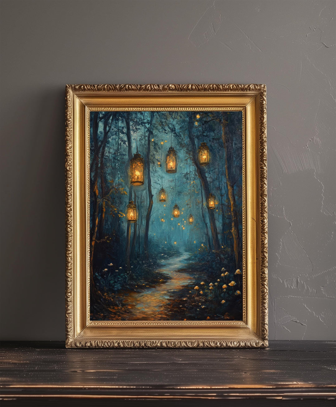 Magical Lantern Path Poster Enchanted Forest Art Cottagecore Decor Whimsical Woodland Illustration