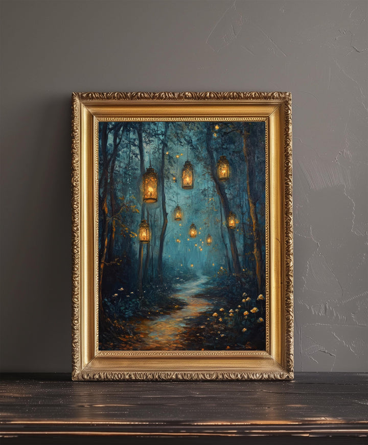 Magical Lantern Path Poster Enchanted Forest Art Cottagecore Decor Whimsical Woodland Illustration
