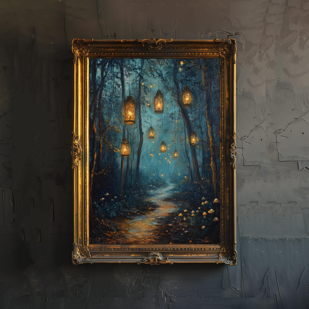 Magical Lantern Path Poster Enchanted Forest Art Cottagecore Decor Whimsical Woodland Illustration