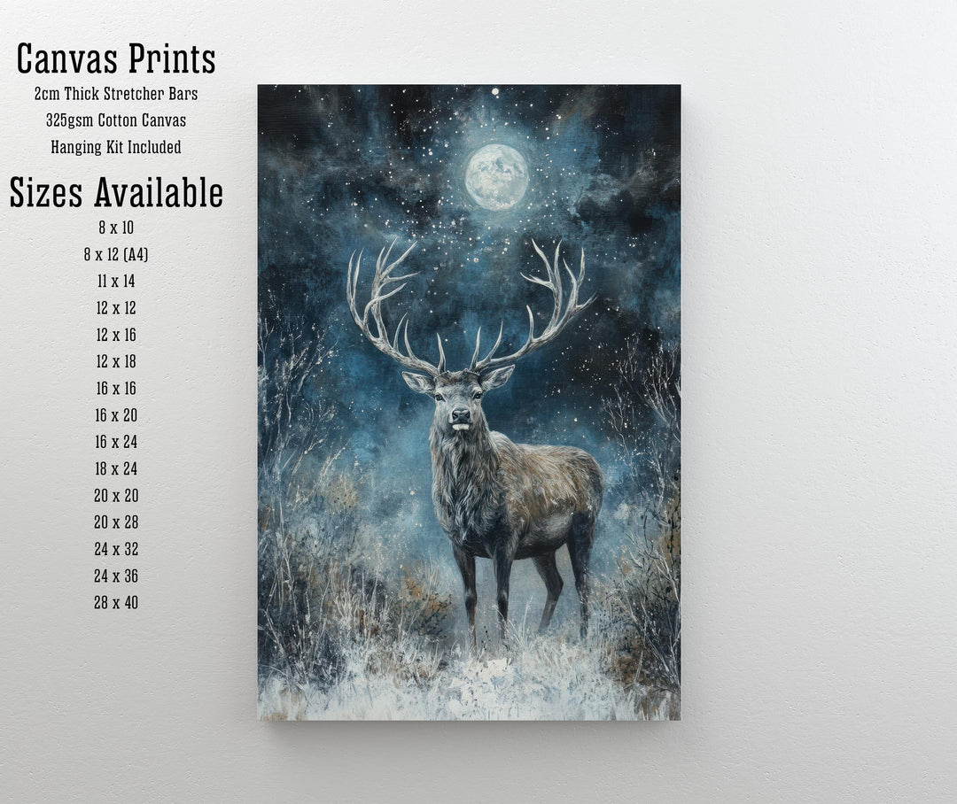 Stag in Moonlight Poster Dark Academia Decor Enchanted Wildlife Art Mystical Woodland Illustration