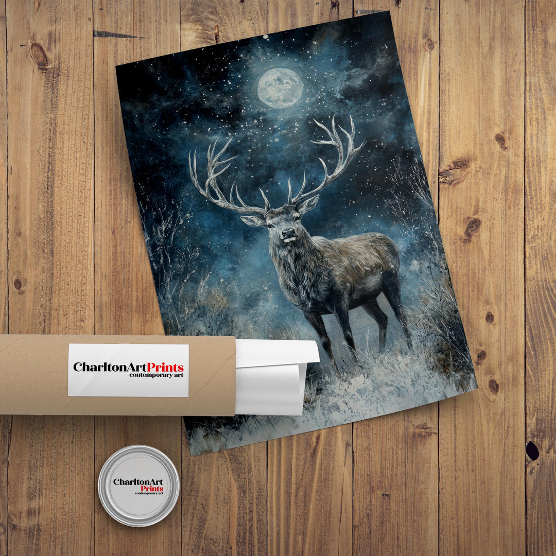Stag in Moonlight Poster Dark Academia Decor Enchanted Wildlife Art Mystical Woodland Illustration