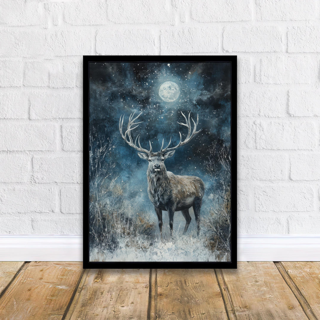 Stag in Moonlight Poster Dark Academia Decor Enchanted Wildlife Art Mystical Woodland Illustration