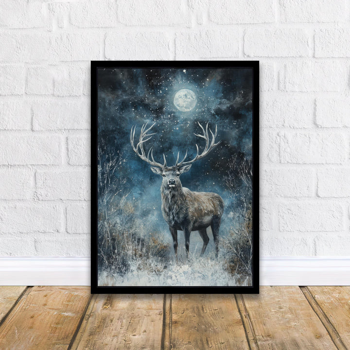 Stag in Moonlight Poster Dark Academia Decor Enchanted Wildlife Art Mystical Woodland Illustration