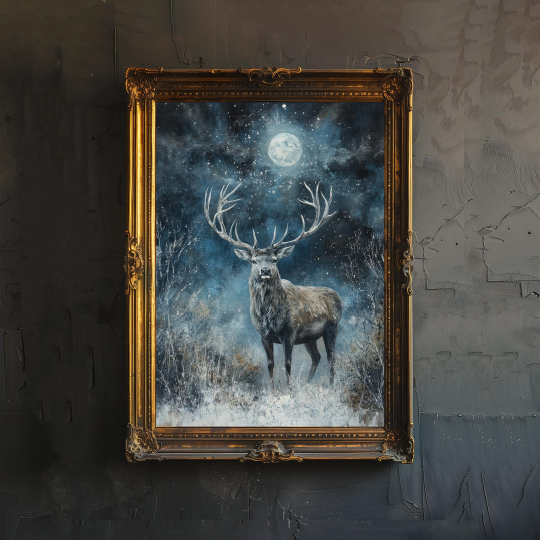 Stag in Moonlight Poster Dark Academia Decor Enchanted Wildlife Art Mystical Woodland Illustration