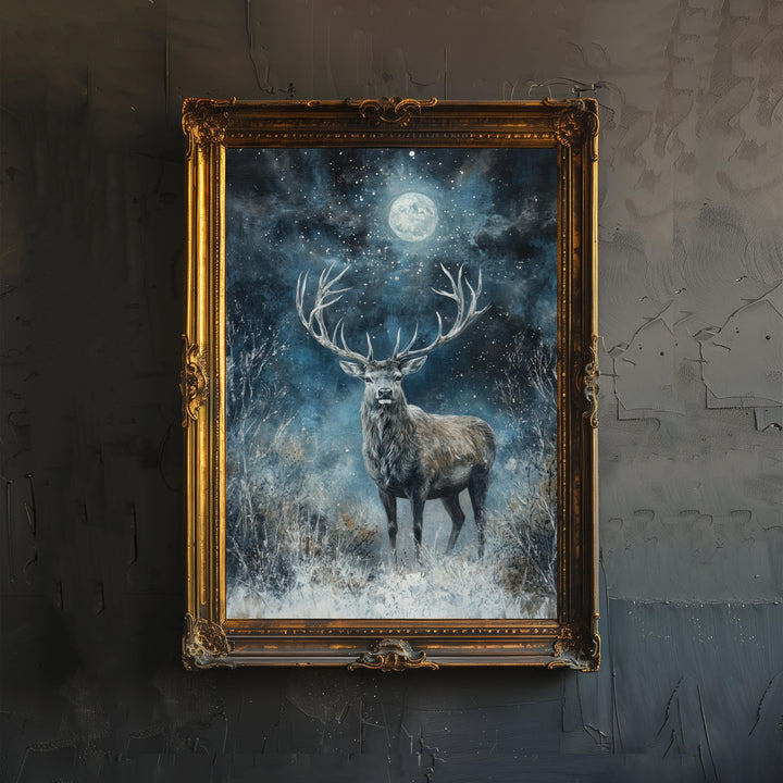 Stag in Moonlight Poster Dark Academia Decor Enchanted Wildlife Art Mystical Woodland Illustration