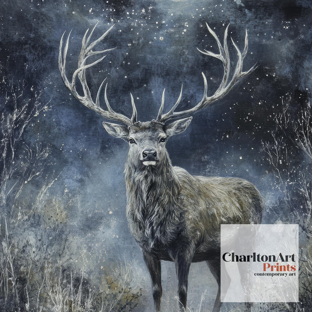 Stag in Moonlight Poster Dark Academia Decor Enchanted Wildlife Art Mystical Woodland Illustration