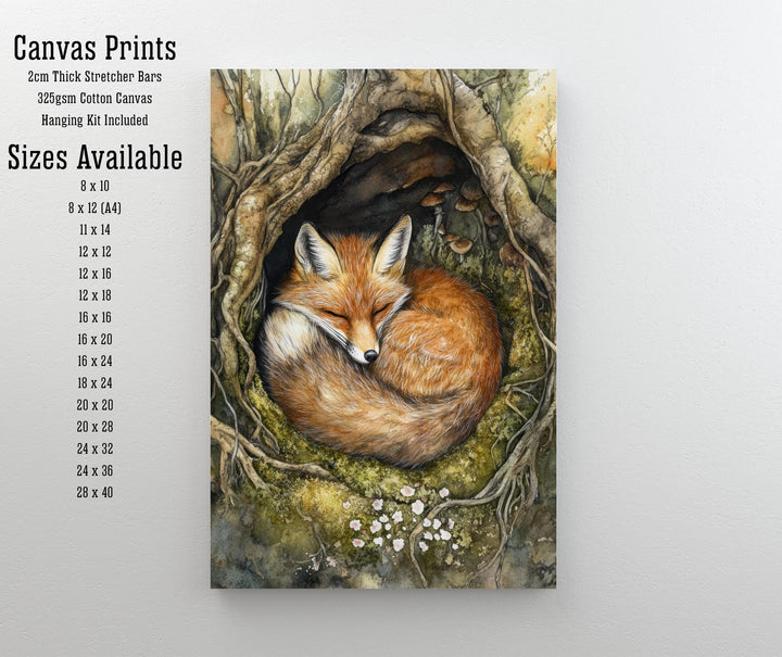 Sleeping Fox in Tree Roots Poster Cottagecore Decor Rustic Wildlife Illustration Enchanted Woodland Wall Art