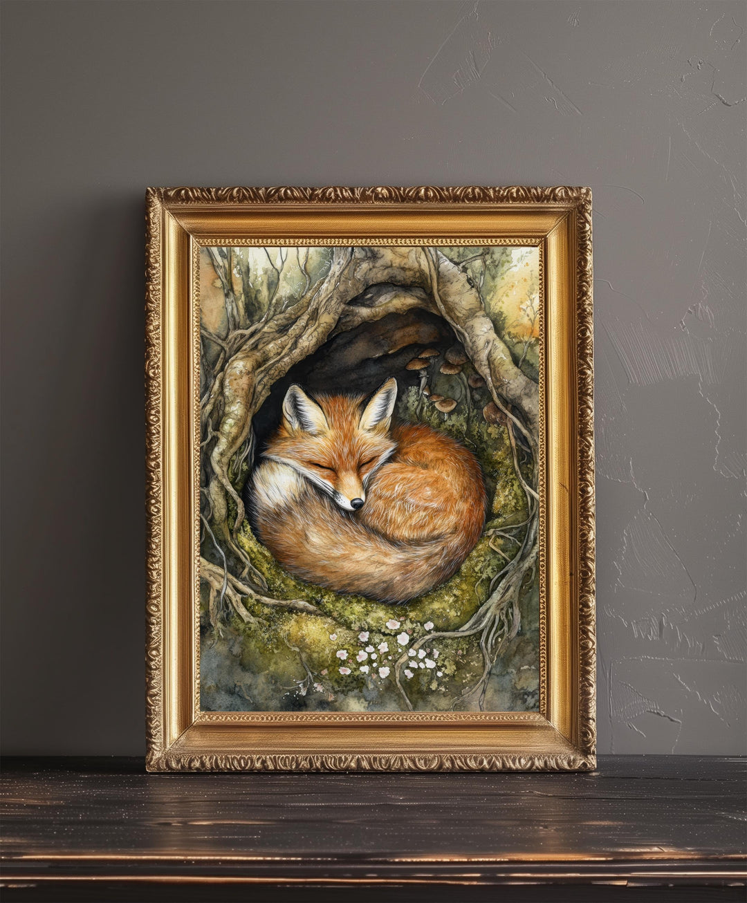 Sleeping Fox in Tree Roots Poster Cottagecore Decor Rustic Wildlife Illustration Enchanted Woodland Wall Art