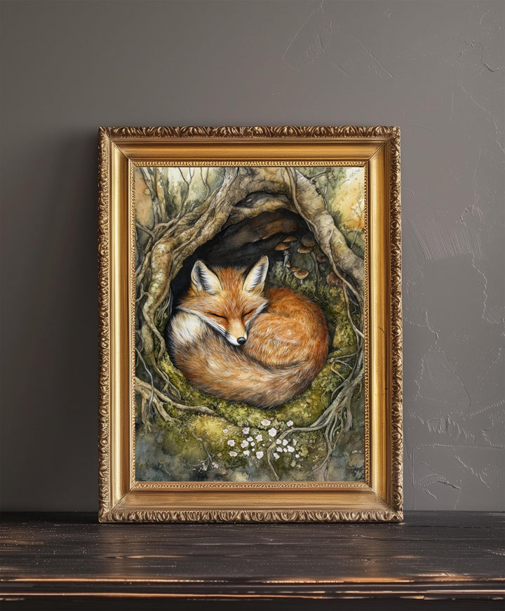 Sleeping Fox in Tree Roots Poster Cottagecore Decor Rustic Wildlife Illustration Enchanted Woodland Wall Art