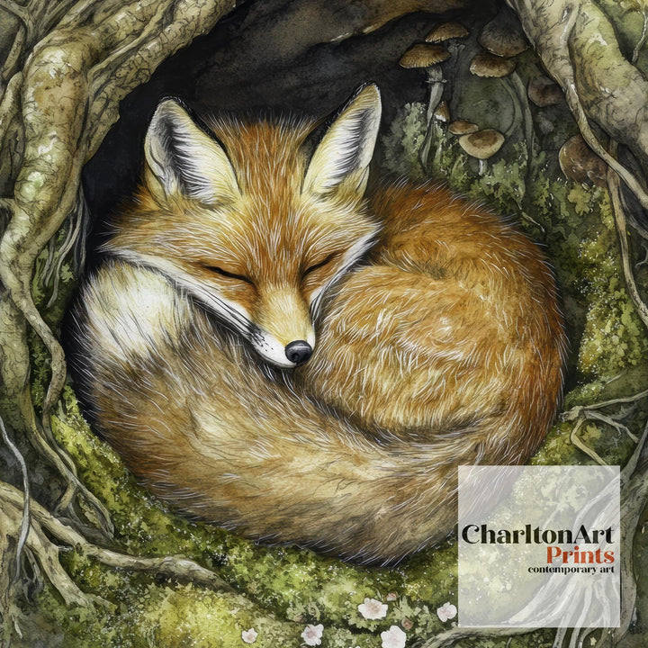 Sleeping Fox in Tree Roots Poster Cottagecore Decor Rustic Wildlife Illustration Enchanted Woodland Wall Art