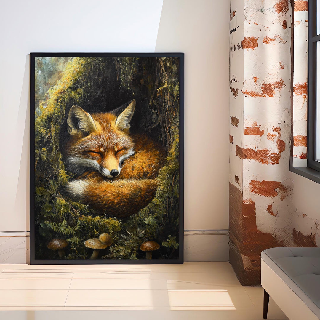 Sleeping Fox in Mossy Hollow Poster Cottagecore Nature Art Vintage Woodland Wildlife Illustration