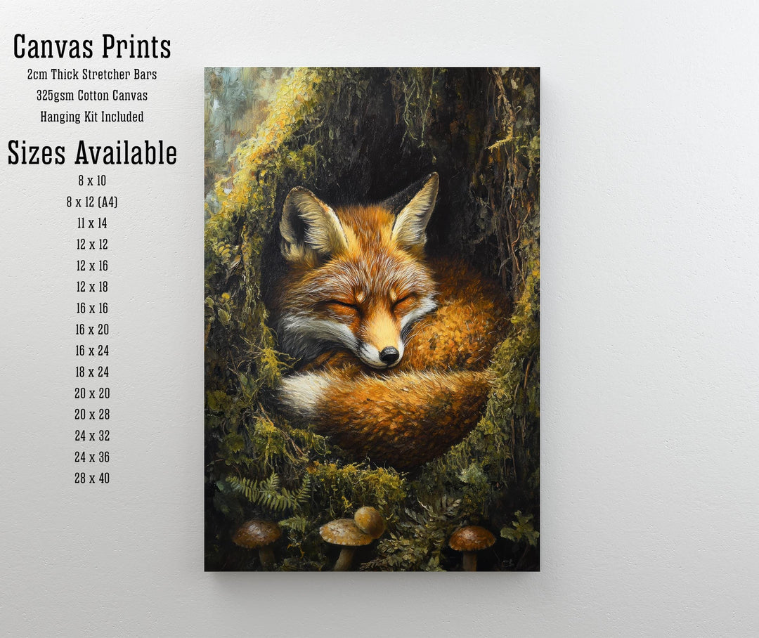 Sleeping Fox in Mossy Hollow Poster Cottagecore Nature Art Vintage Woodland Wildlife Illustration