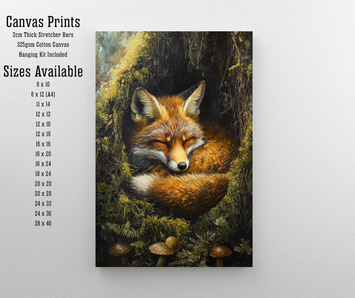 Sleeping Fox in Mossy Hollow Poster Cottagecore Nature Art Vintage Woodland Wildlife Illustration