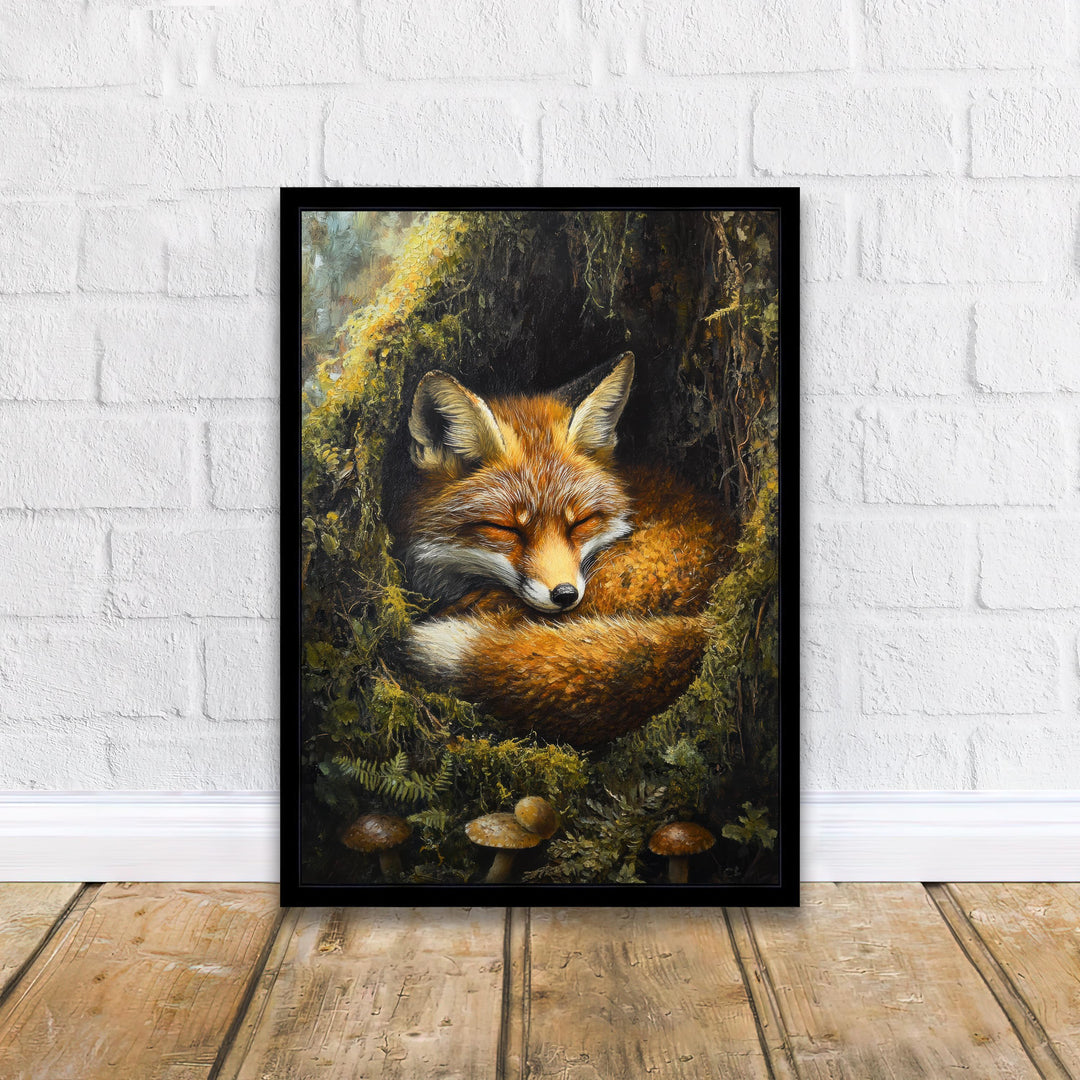 Sleeping Fox in Mossy Hollow Poster Cottagecore Nature Art Vintage Woodland Wildlife Illustration