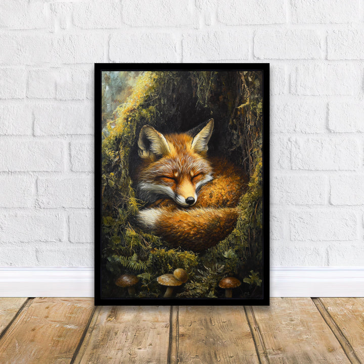 Sleeping Fox in Mossy Hollow Poster Cottagecore Nature Art Vintage Woodland Wildlife Illustration