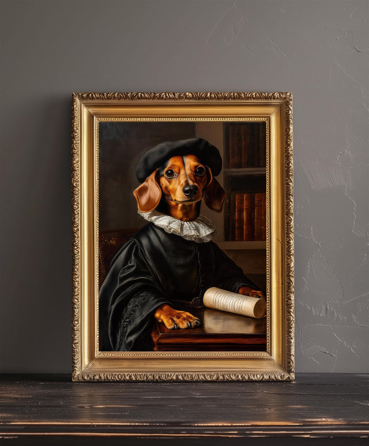 Scholarly Dachshund Poster Dark Academia Decor Vintage Animal Illustration Professor Wall Art Dog Lover Gift