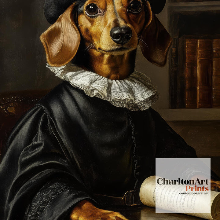 Scholarly Dachshund Poster Dark Academia Decor Vintage Animal Illustration Professor Wall Art Dog Lover Gift