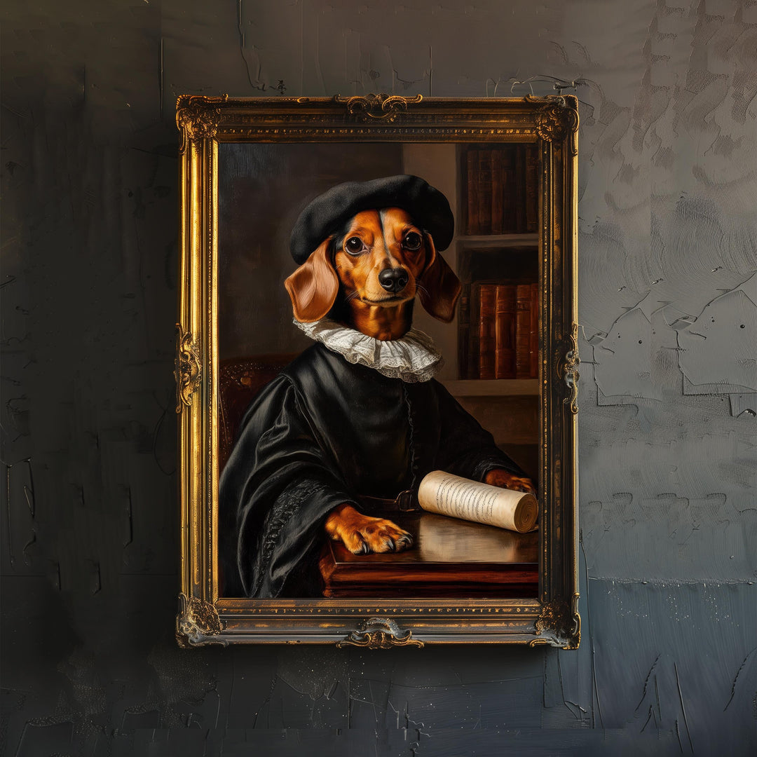 Scholarly Dachshund Poster Dark Academia Decor Vintage Animal Illustration Professor Wall Art Dog Lover Gift