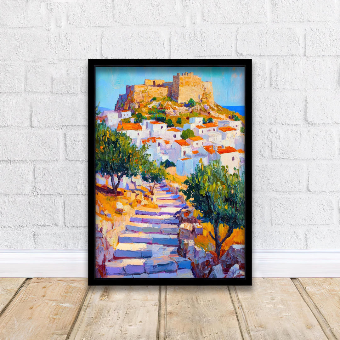 Lindos Rhodes Oil Painting Poster Greece Wall Art Coastal Village Landscape Print Gift for Europe Travel Lovers and Fans of Scenic Greek