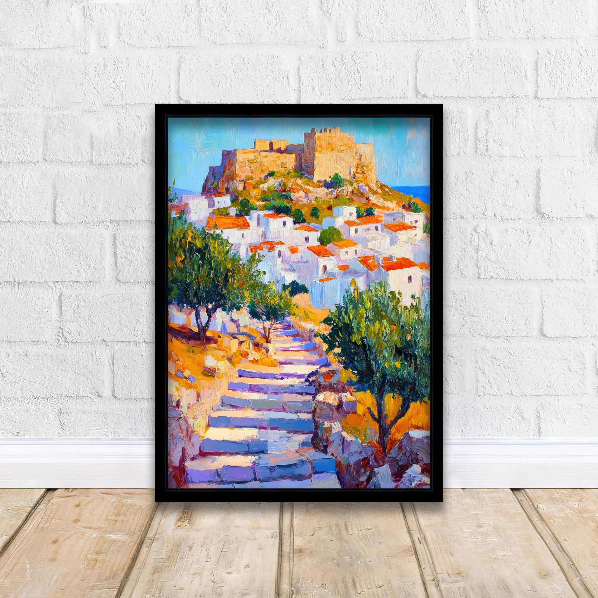 Lindos Rhodes Oil Painting Poster Greece Wall Art Coastal Village Landscape Print Gift for Europe Travel Lovers and Fans of Scenic Greek