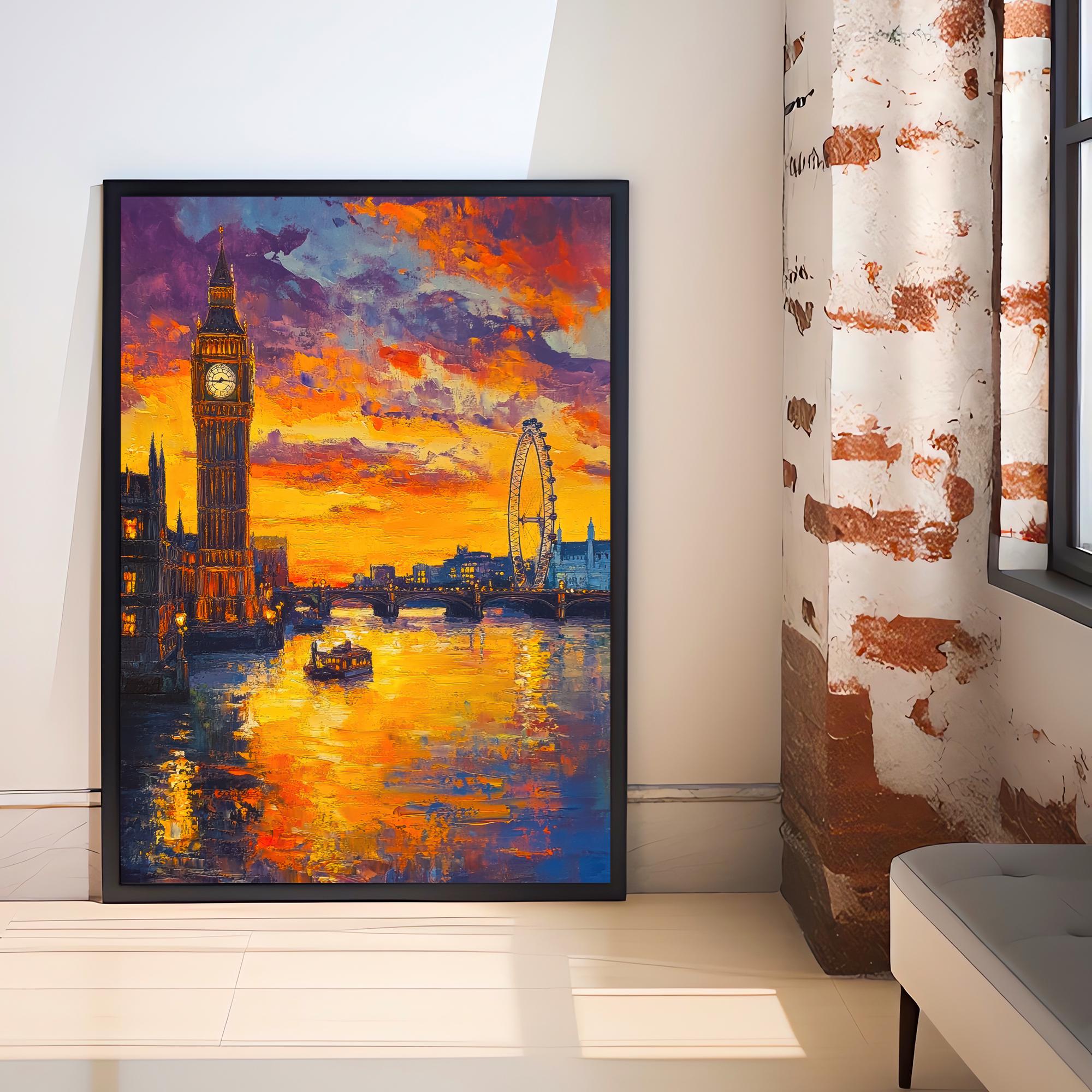 London Skyline Oil Painting Poster England Wall Art City Landmark Print Gift for UK Travel Lovers and Fans of Scenic British Architecture