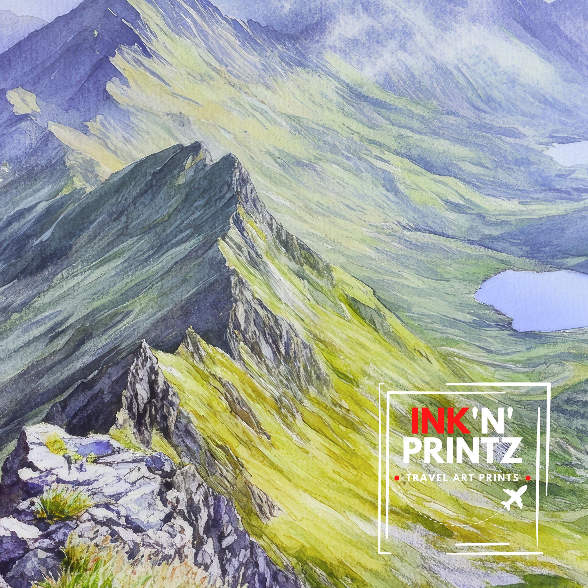 Snowdon Watercolour Painting Poster Wales Wall Art National Park Mountain Landscape Print Gift for UK Travel Lovers and Fans of Scenic