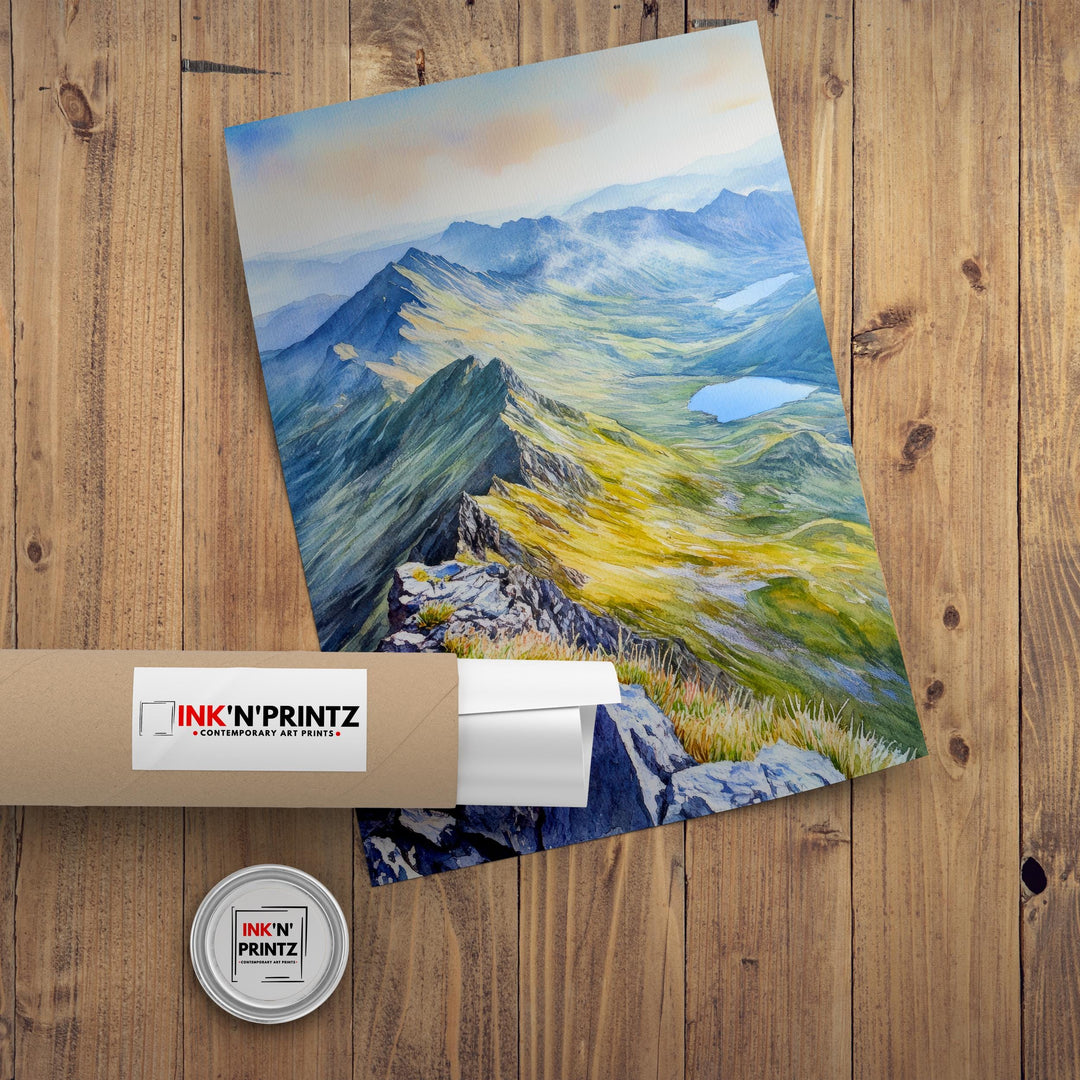 Snowdon Watercolour Painting Poster Wales Wall Art National Park Mountain Landscape Print Gift for UK Travel Lovers and Fans of Scenic