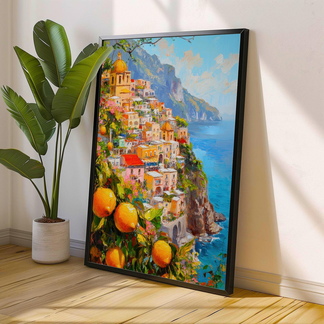 Positano Oil Painting Poster Amalfi Coast Italy Wall Art Mediterranean Village Print Gift for Europe Travel Lovers and Fans of Scenic