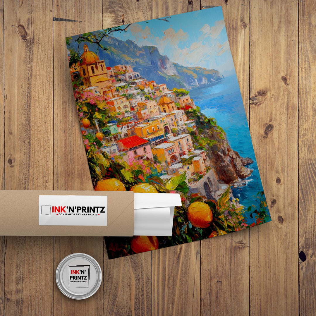 Positano Oil Painting Poster Amalfi Coast Italy Wall Art Mediterranean Village Print Gift for Europe Travel Lovers and Fans of Scenic