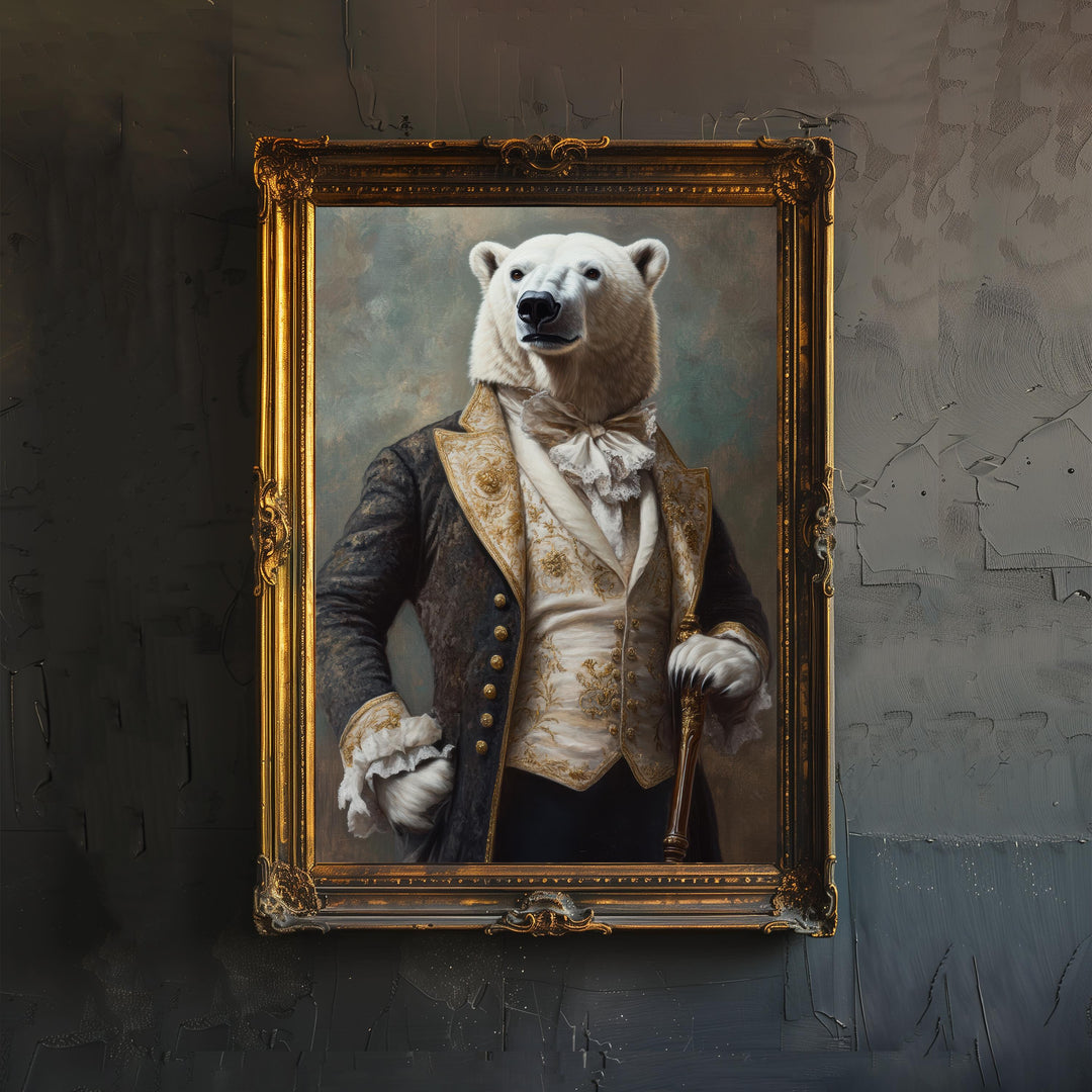 Polar Bear Portrait Poster Regal Animal Art Vintage Winter Illustration Humorous Wall Decor Nature Lover Gift