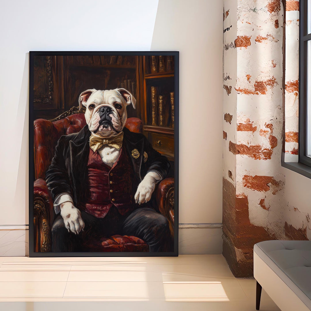 Bulldog Portrait Poster Dark Academia Decor Vintage Animal Illustration Professor Wall Art Dog Lover Gift
