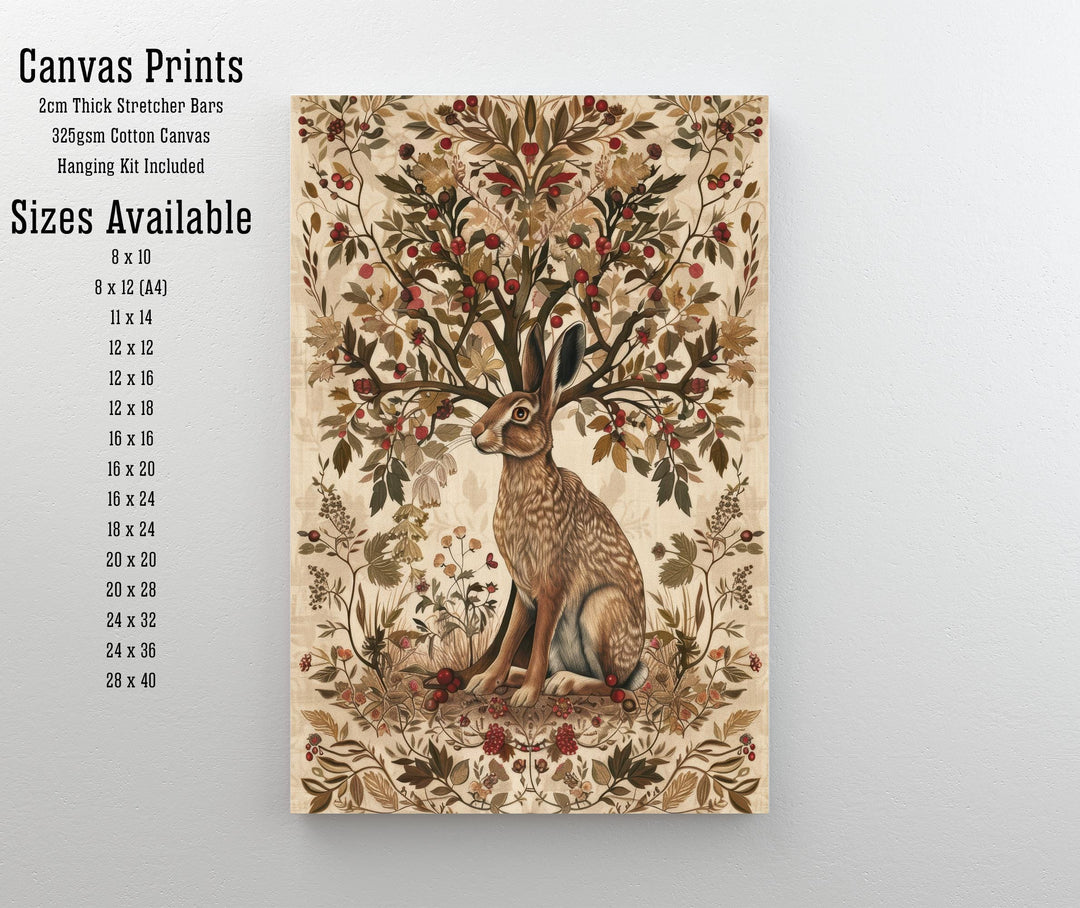 Hare and Hawthorn Tree Poster William Morris Style Cottagecore Art Vintage Nature Illustration Rustic Decor