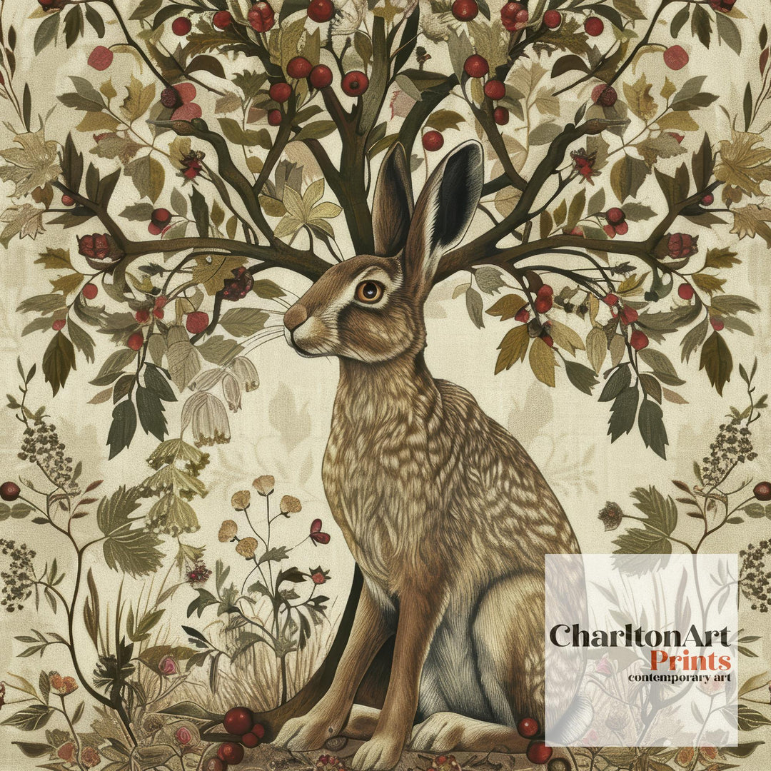Hare and Hawthorn Tree Poster William Morris Style Cottagecore Art Vintage Nature Illustration Rustic Decor
